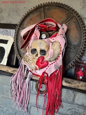 Sweet Smoke Pink and red Fringed Shoulder Bag with Skull Heart Motif